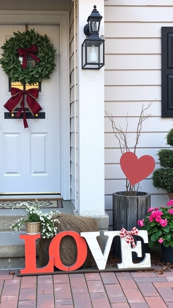 A decorative display featuring a large 'LOVE' sign, a wreath with a red bow, flowers in a basket, and a heart-shaped decoration.