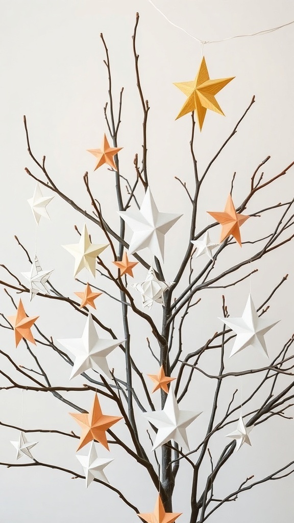 A minimalist branch tree decorated with paper star ornaments in white, orange, and gold.