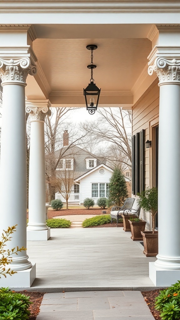 A front porch featuring elegant white columns, a hanging lantern, and potted plants, creating a welcoming atmosphere.