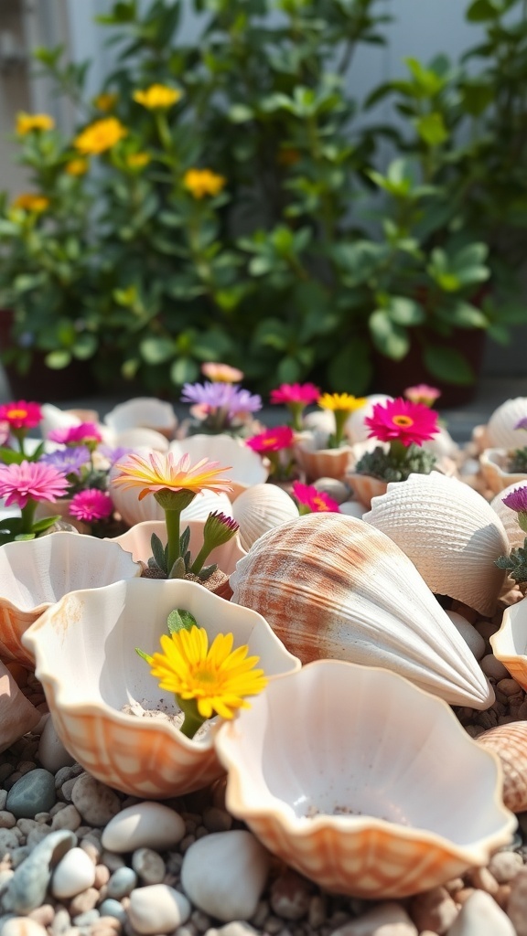 Colorful flowers planted in seashells surrounded by pebbles