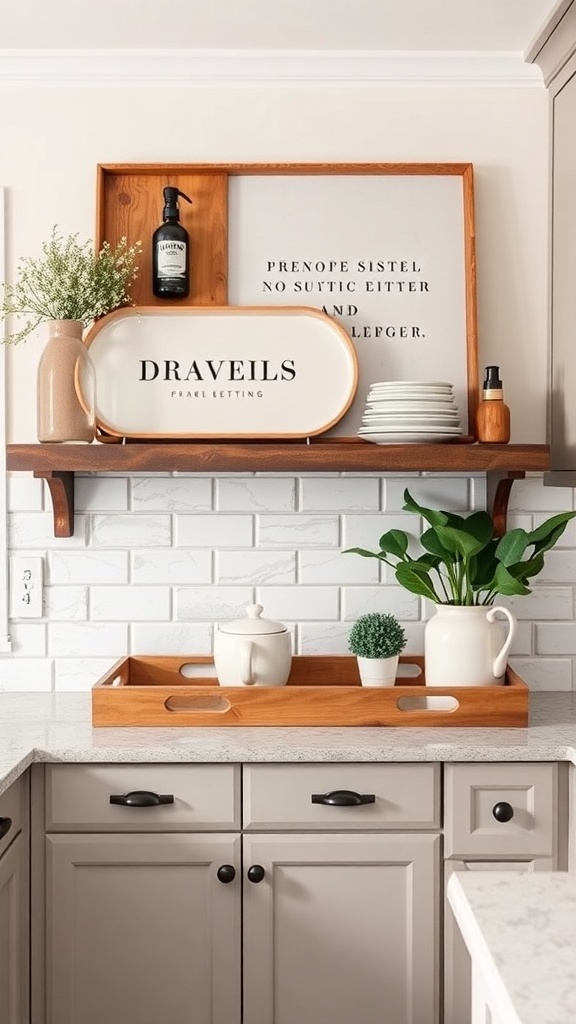 A decorative wooden serving tray with a bottle, teapot, and small plant displayed above kitchen cabinets.