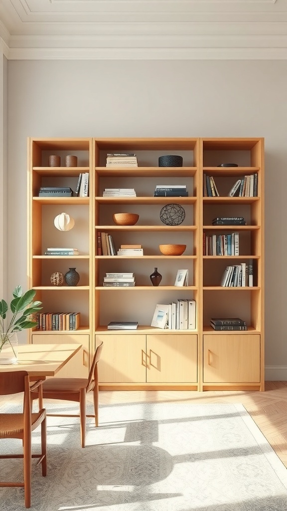 A decorative shelving unit filled with books and decorative items, serving as a room divider in a modern living space.