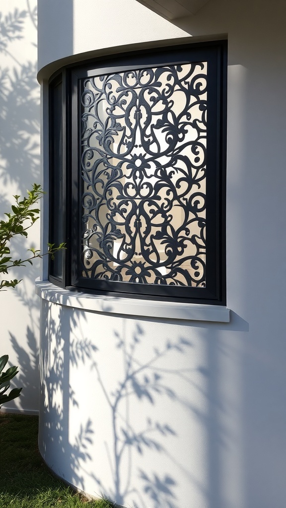 Decorative window screen with intricate patterns casting shadows on a wall