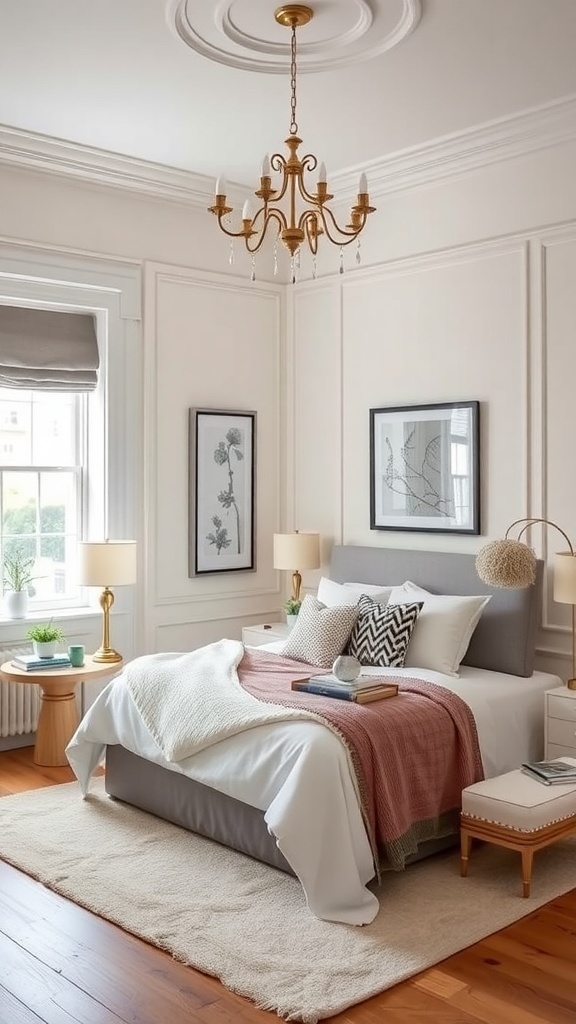 A beautifully styled bedroom featuring Decorator's White walls, a gold chandelier, and cozy bedding.