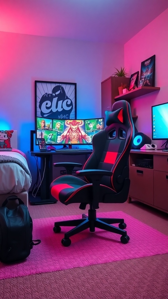 A modern gaming chair in a stylish gaming bedroom with LED lighting and vibrant decor.