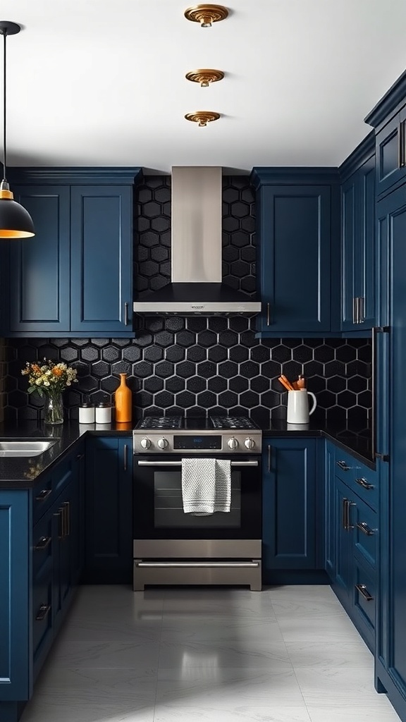 A modern kitchen featuring deep blue cabinets, black countertops, and a hexagonal black backsplash.
