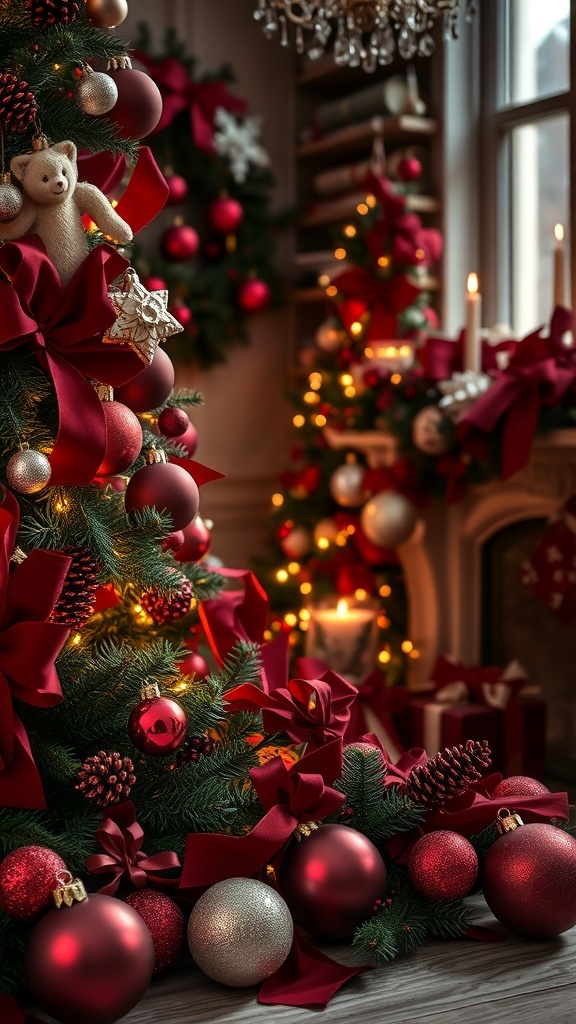 A beautifully decorated Christmas tree with deep burgundy and claret red ornaments, ribbons, and natural elements, creating a warm and festive atmosphere.