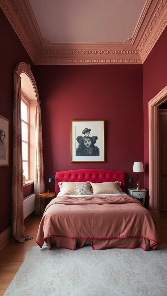 A cozy bedroom featuring deep burgundy walls and dusty pink trim, with a plush pink bed and warm lighting.