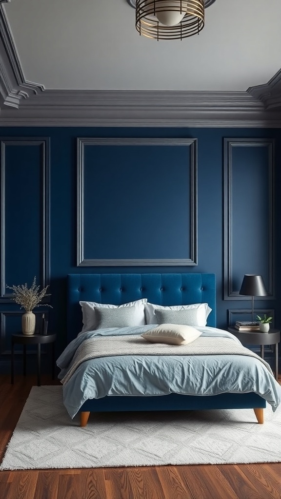A cozy bedroom featuring deep cobalt walls with grey trim, a plush blue bed, and warm lighting.