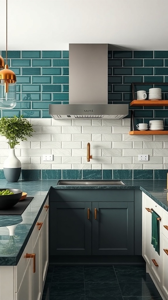 A modern kitchen featuring deep emerald and white tiles as a backsplash, with brass fixtures and dark cabinetry.