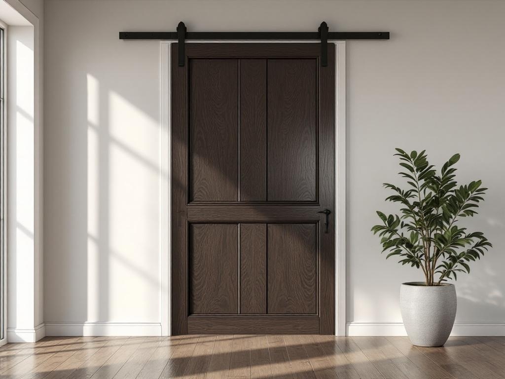 A barn door stained in Deep Espresso Brown, featuring a sleek design and natural wood grain.
