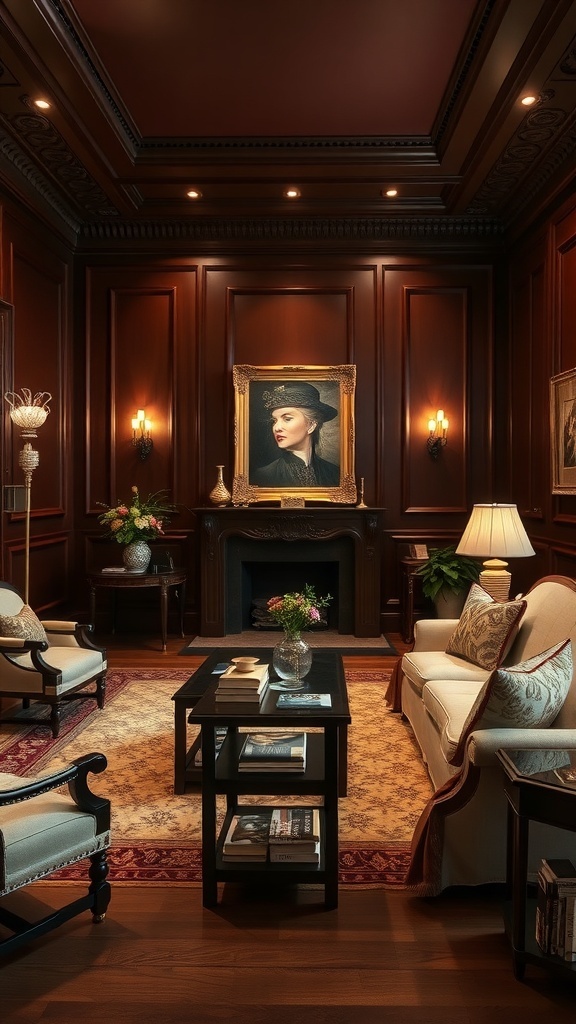 A cozy living room featuring deep mahogany walls, elegant furniture, and warm lighting.