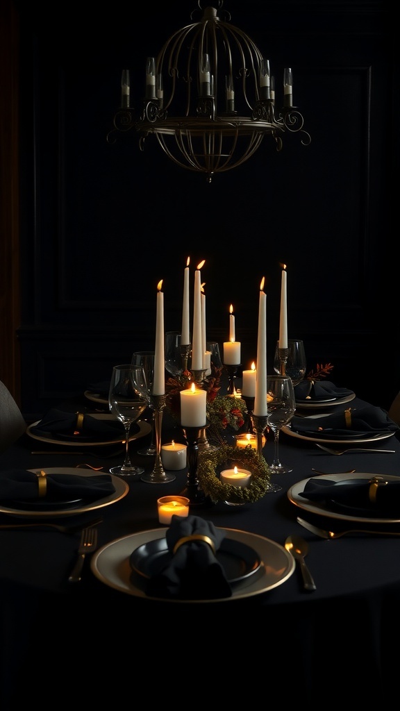 A beautifully set Thanksgiving table with deep moody colors, featuring white candles, dark tablecloth, and elegant dinnerware.