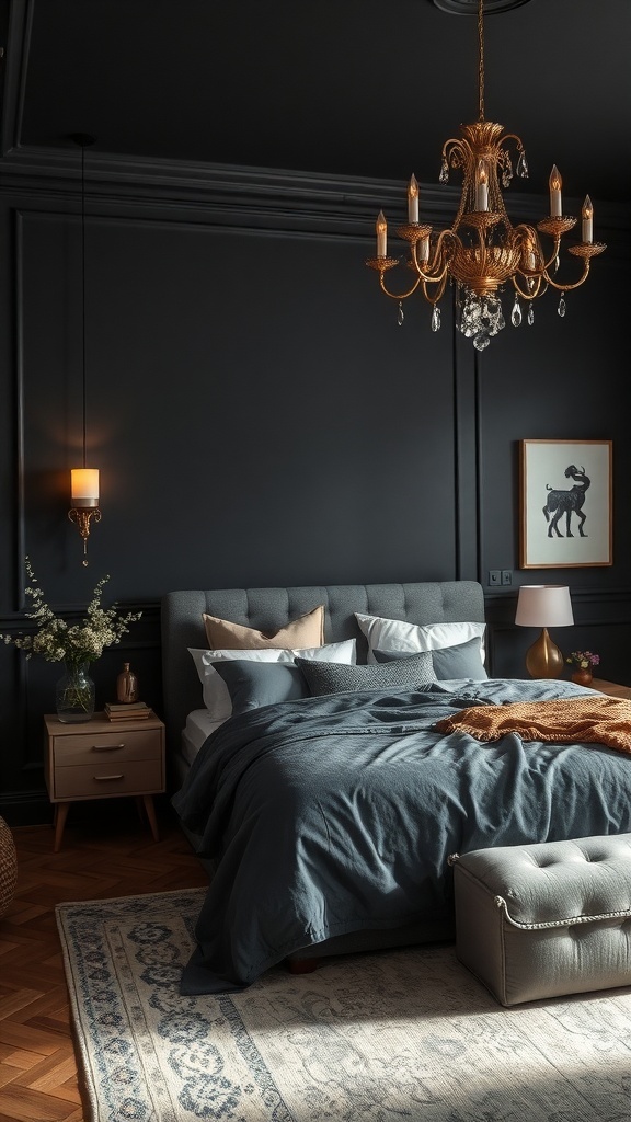 A dark feminine bedroom featuring deep black walls, a luxurious chandelier, and soft bedding.