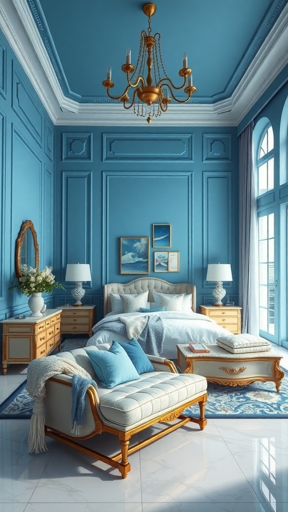 A beautifully decorated blue bedroom with elegant furniture and ocean-inspired decor.