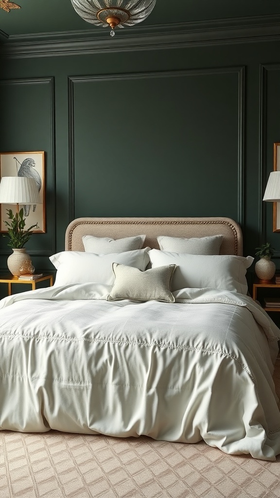 A cozy bedroom featuring deep olive walls and gold accents, with white bedding and decorative elements.