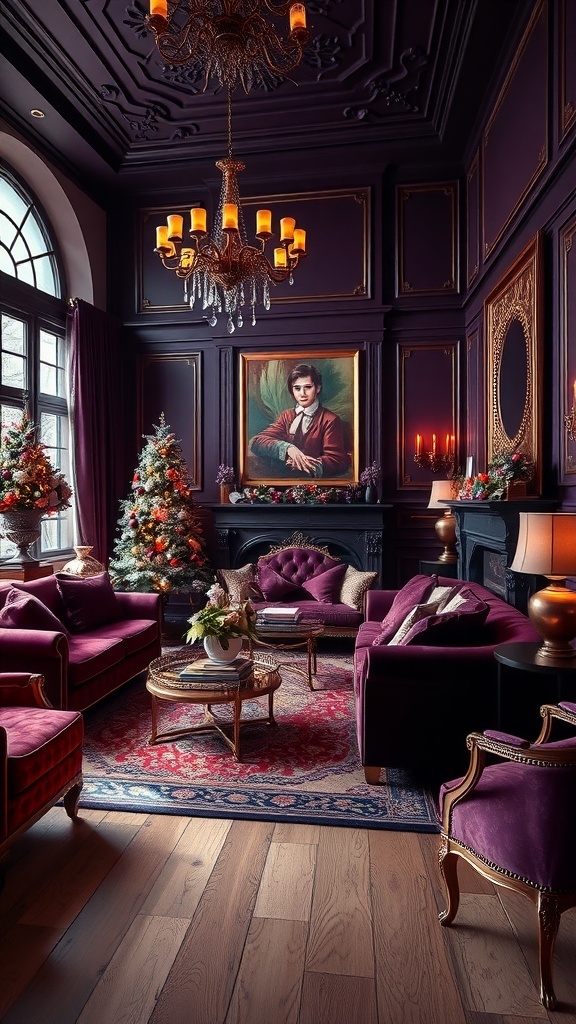A luxurious living room featuring deep purple walls, plush sofas, and gold accents, adorned with a Christmas tree.