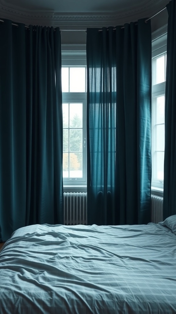 A bedroom with deep teal curtains framing the windows, complemented by light bedding.