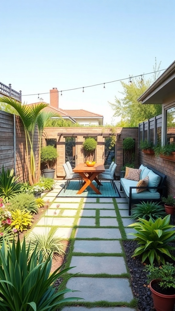A small backyard with defined zones for dining and lounging, featuring a stone pathway, seating area, and vibrant plants.