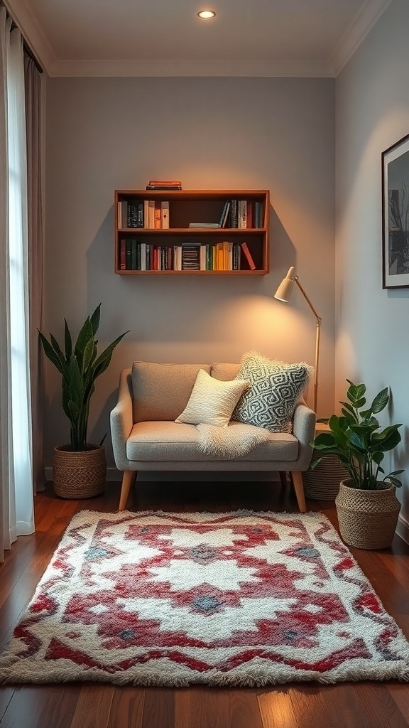 Cozy reading nook with a stylish rug, plants, and a comfortable chair.