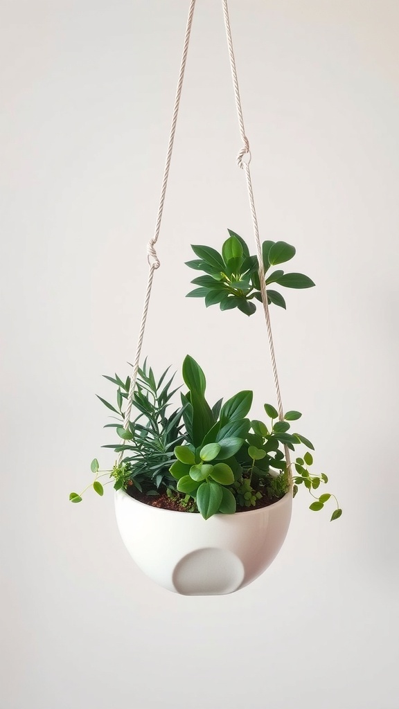 A ceramic hanging planter with various green plants.