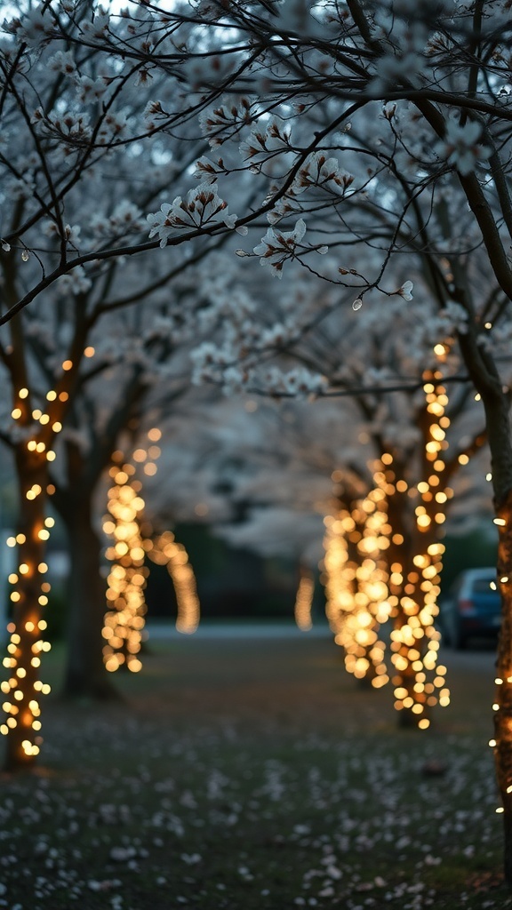Fairy lights wrapped around trees with blooming flowers in spring