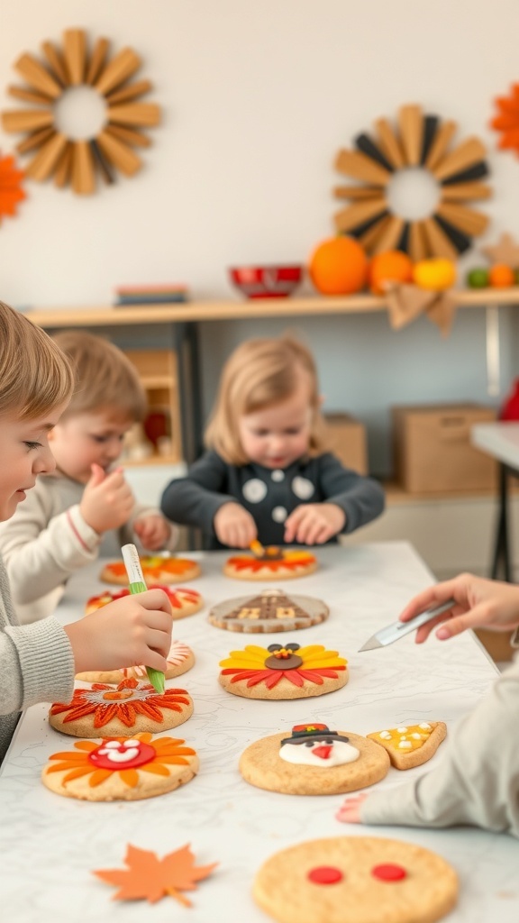 Children decorating Thanksgiving-themed cookies at a table