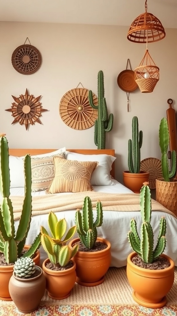 A cozy Southwestern bedroom featuring potted cacti, woven wall decor, and warm bedding.