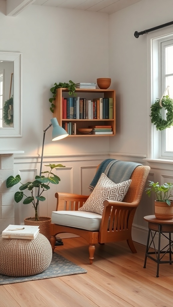 A cozy reading nook featuring a wooden chair, a side table with books, a lamp, and a potted plant.