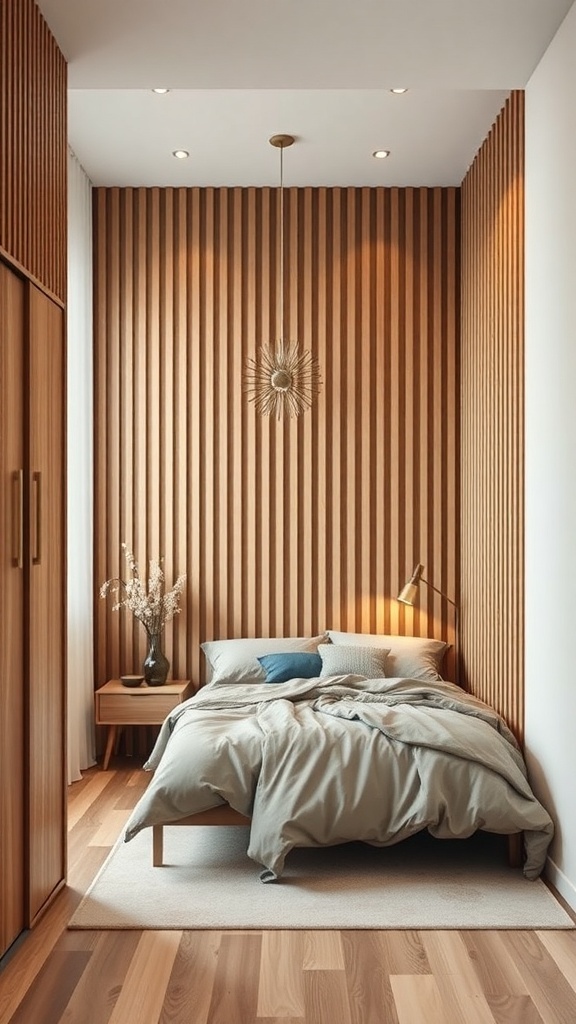 Cozy small bedroom with wooden panel wall and minimal decor