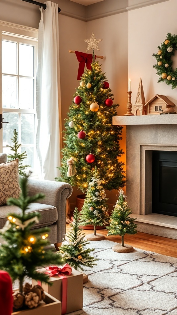 A cozy living room with mini Christmas trees and festive decorations.
