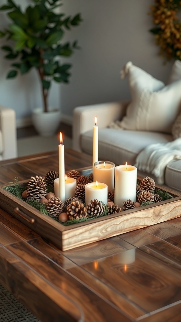 A wooden tray centerpiece with candles, pinecones, and greenery on a coffee table.