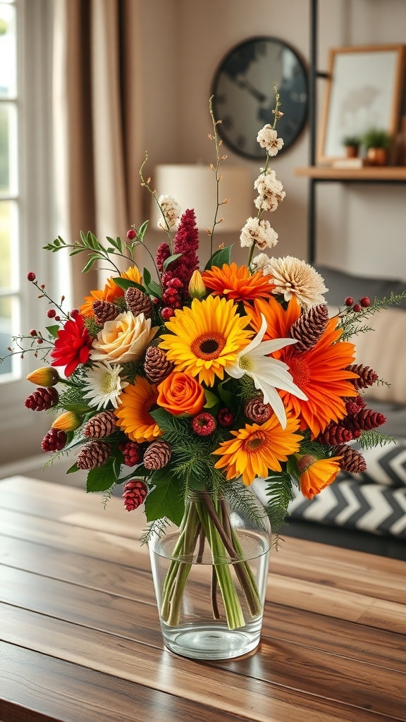A vibrant seasonal floral arrangement with sunflowers, roses, and pinecones in a clear vase on a wooden table.