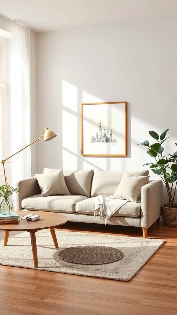 A stylish living room featuring a light-colored click-clack sofa bed with decorative pillows, a round coffee table, and a warm wooden floor.