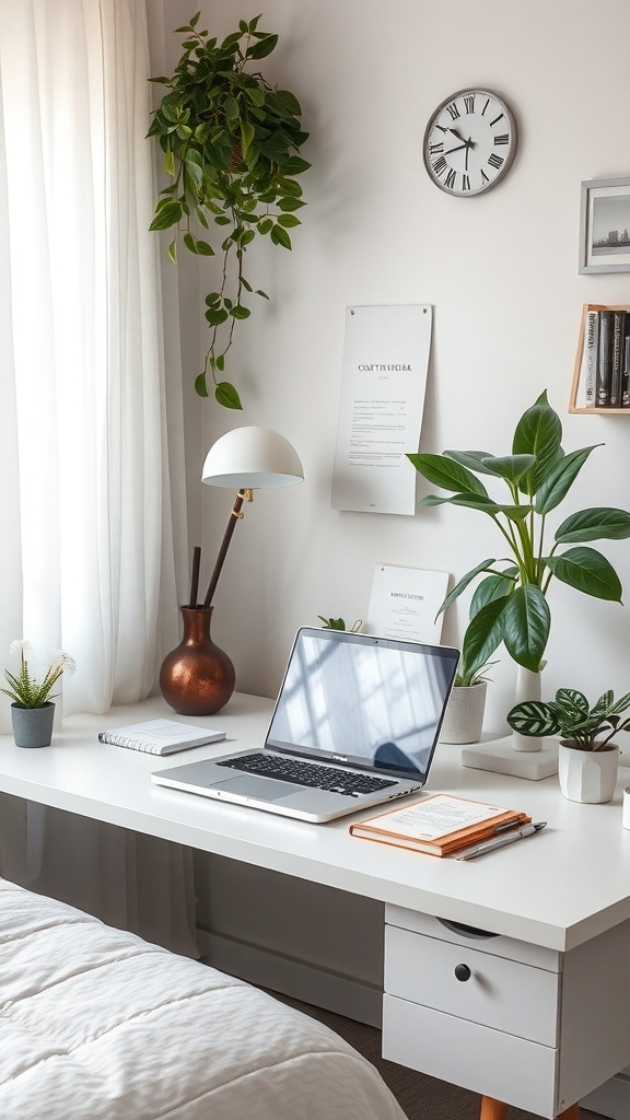 A bright and organized desk area in a spare bedroom with a laptop, notebooks, plants, and a stylish lamp.