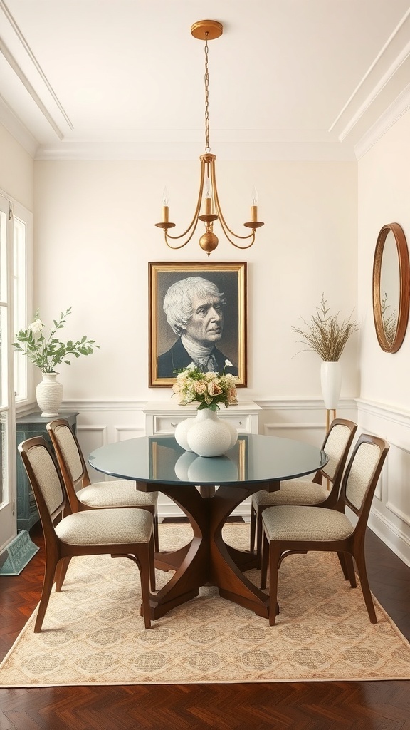 A small dining room featuring a round table, stylish chairs, a chandelier, and artwork on the walls.