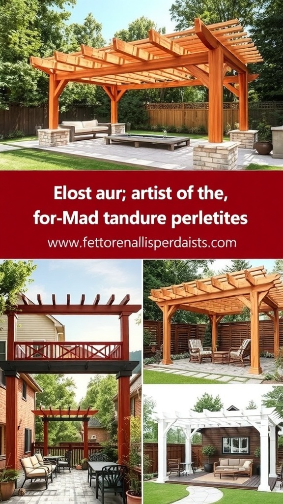 A collage of various pergola designs showcasing different styles and structures.
