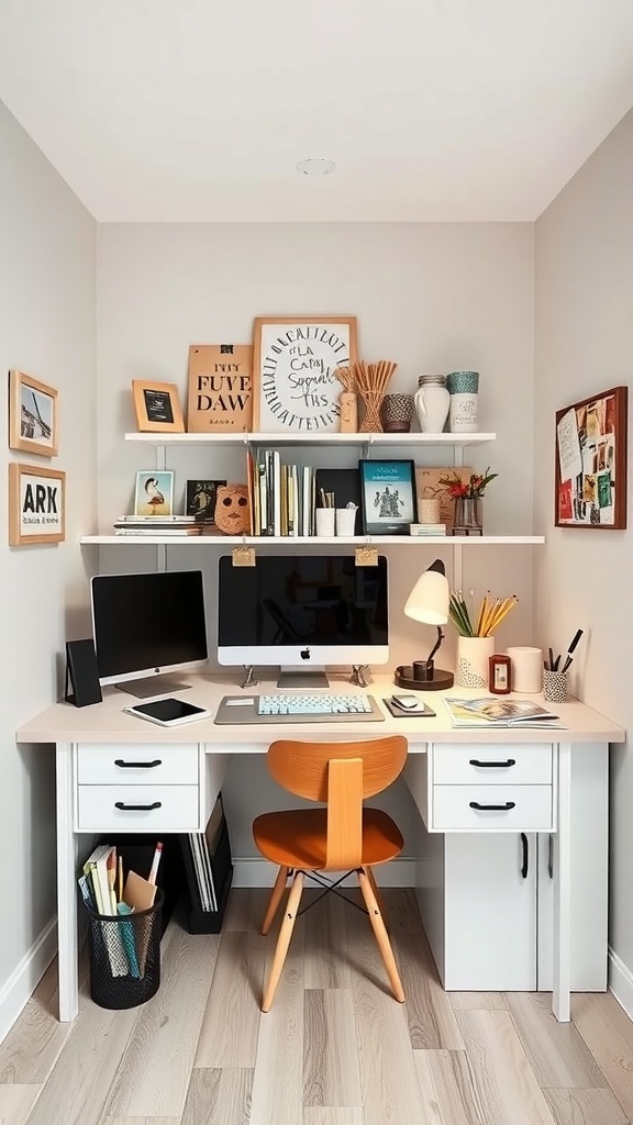 A stylish triangular desk nook with wooden shelves, LED lighting, and a cozy chair.