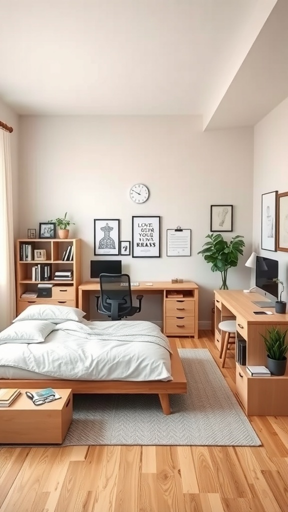 A cozy spare bedroom with a queen bed and a functional office setup featuring a desk and storage.