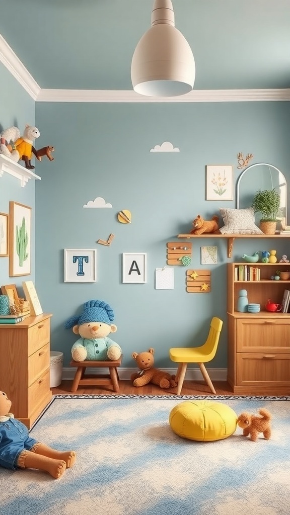 A cozy boys room with soft blue walls, playful decor, and a warm atmosphere.