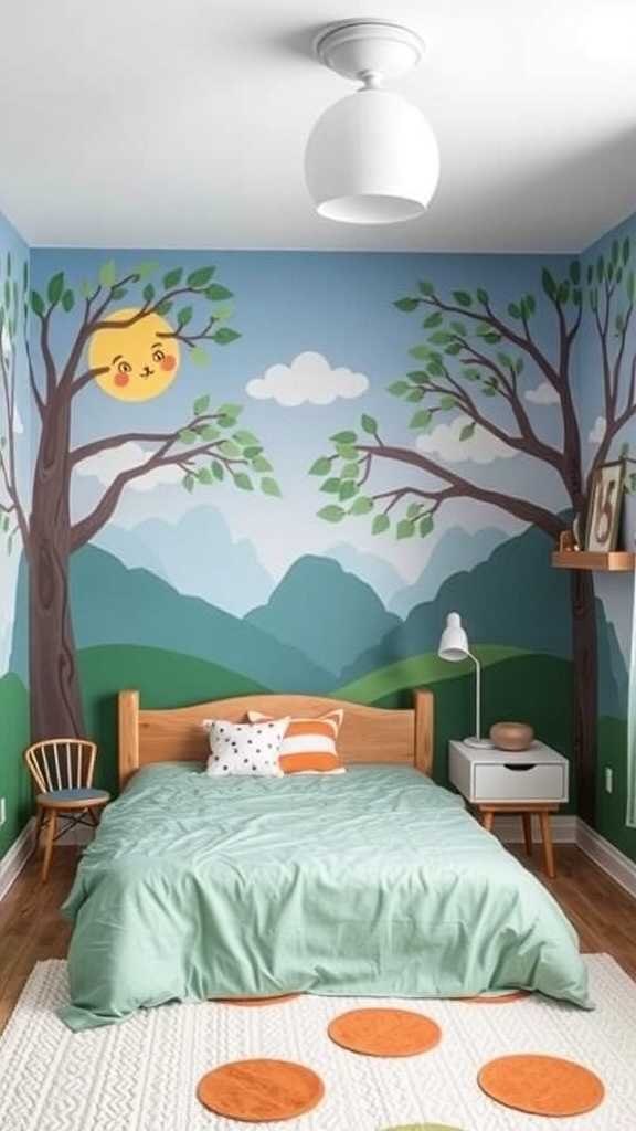 A colorful mural featuring trees and a sun in a kids' bedroom.