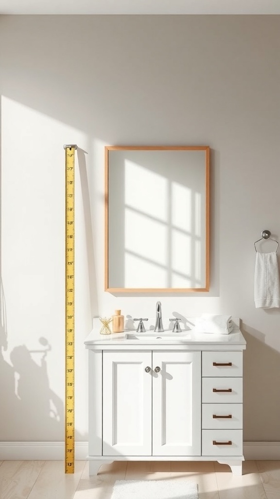 A bathroom setup showing a measuring tape next to a mirror and vanity, illustrating the importance of sizing.