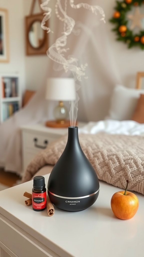 A black diffuser with cinnamon essential oil and an apple, creating a cozy fall atmosphere.