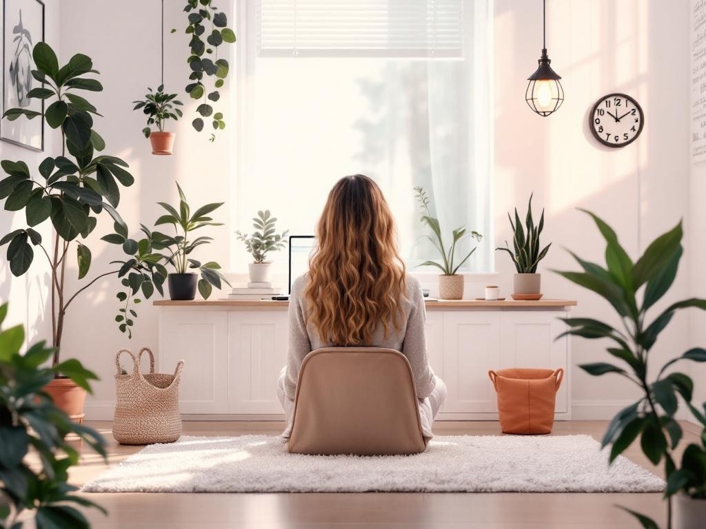 A person sitting in a peaceful, plant-filled room, practicing digital detox techniques.