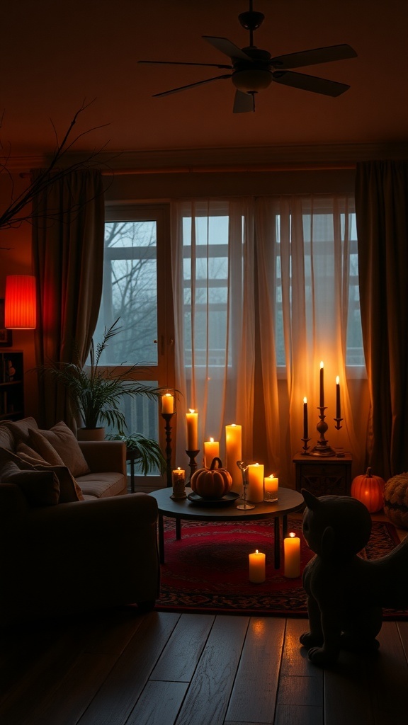 A cozy Halloween living room with warm candlelight, pumpkins, and soft curtains.