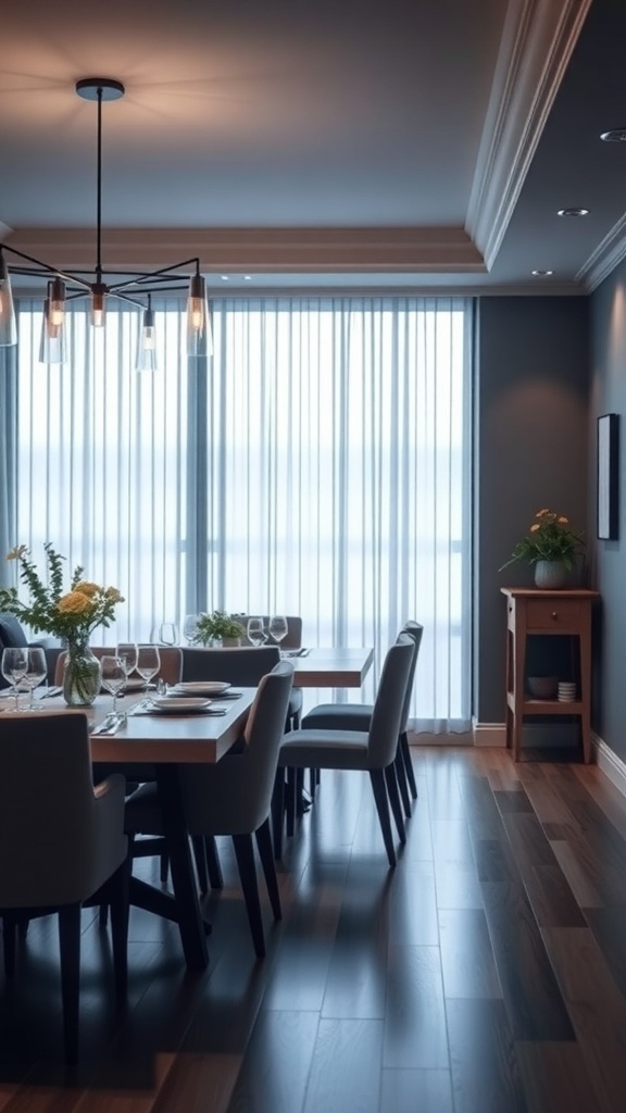 A modern dining room featuring a stylish pendant light, showcasing dimmable lighting options.