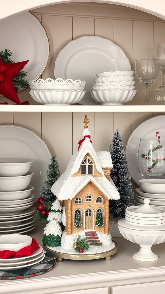 A beautifully styled dining hutch featuring a snowy church decoration, white dishware, and festive accents.