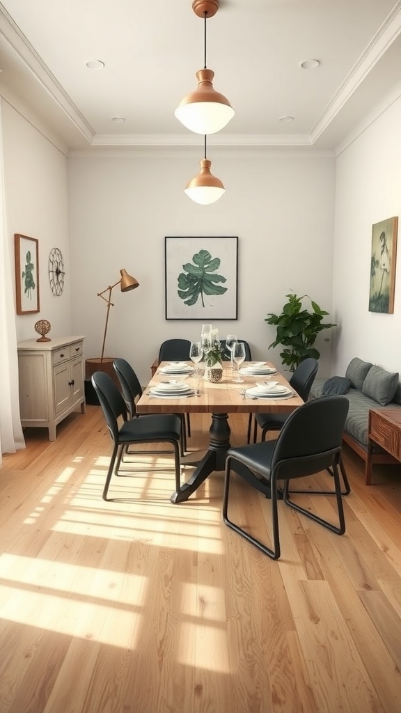 A cozy dining room featuring a wooden table with chairs, light fixtures, and decorative elements.
