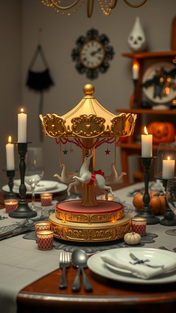 A dining table decorated with a ghost carousel centerpiece, candles, and Halloween-themed decor.