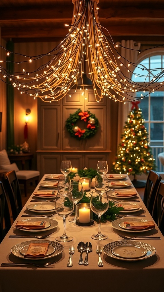 A beautifully set dining table with string lights overhead, decorated for Christmas.